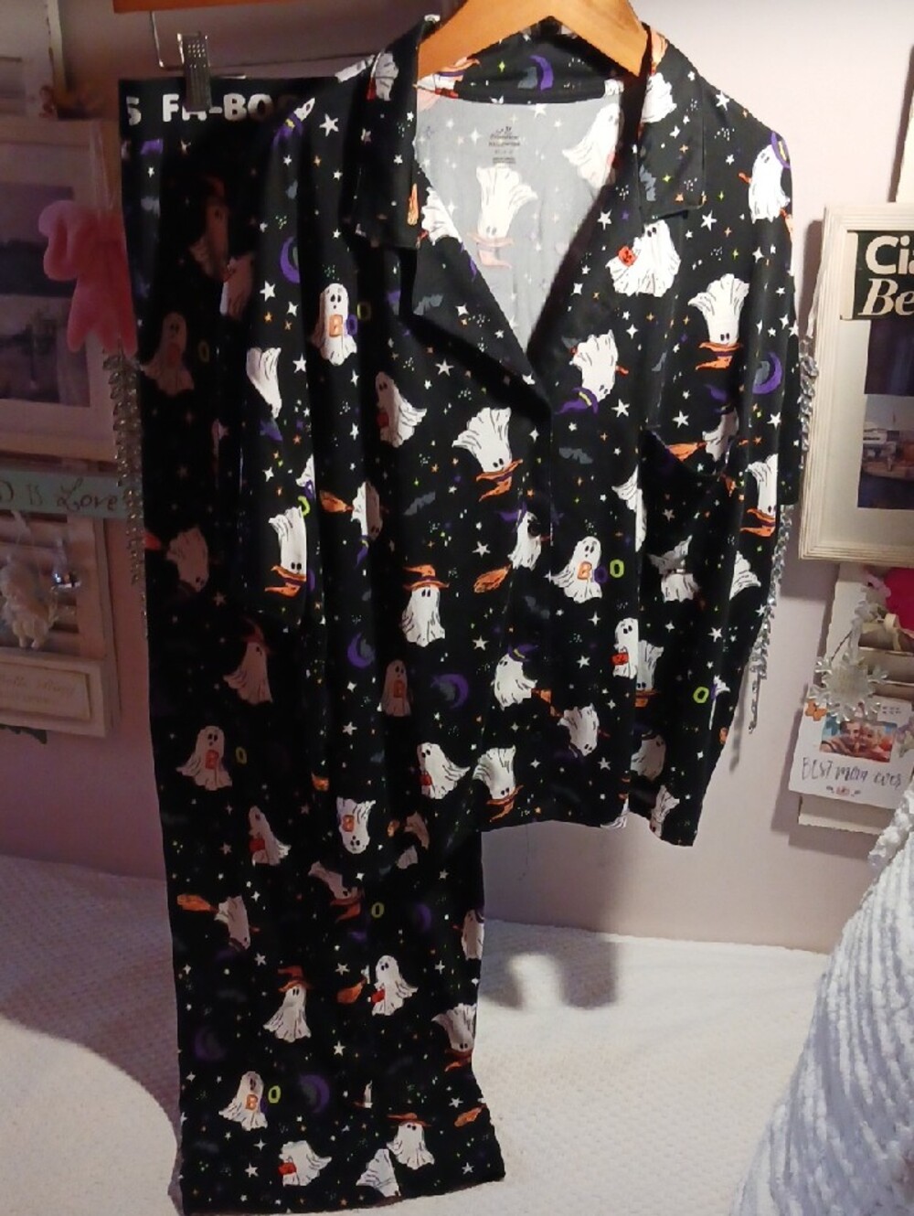 Festive Black & White Ghost-Print Pajama Top & Bottoms XL👻